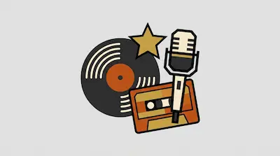 Flat illustration of a vinyl record, a cassette tape, a microphone, and a gold star on a light gray background