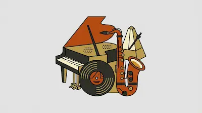 A stylized arrangement of a grand piano, a saxophone, a vinyl record, and a metronome.
