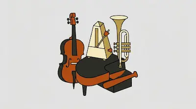 Flat illustration of a cello, a metronome, and a trumpet arranged together on a light grey background