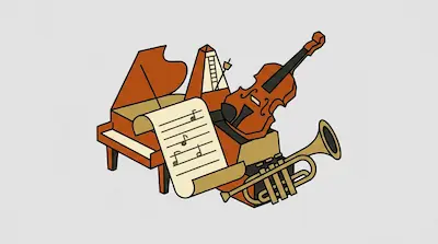 Flat illustration of a grand piano, a violin, a trumpet, and sheet music with a metronome on a light gray background