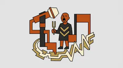 Flat illustration of a person singing into a microphone while holding a tuning fork, surrounded by geometric music notes