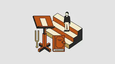 Flat illustration of a man standing on stairs next to a music stand, a book, and a tuning fork on a gray background