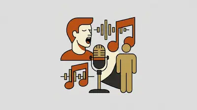 Flat illustration of a man singing into a microphone with musical notes and sound waves on a grey background