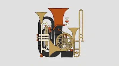 Flat illustration of brass instruments including a tuba, french horn, and trombone in a stylized earth tone palette