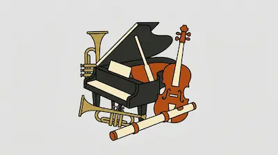 Flat illustration of a grand piano, a violin, and two trumpets grouped together on a plain light gray background