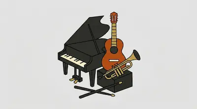 Flat illustration of a grand piano, acoustic guitar, and trumpet grouped together on a light gray background