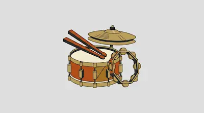 Flat illustration of a snare drum, two drumsticks, a hi-hat cymbal, and a tambourine on a light grey background