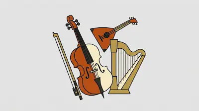 Flat illustration of a cello with a bow, a small harp, and a balalaika arranged on a light grey background