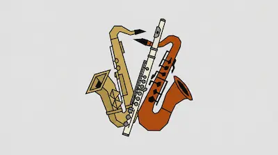 Flat illustration of two saxophones and a flute arranged in a cluster on a plain light gray background