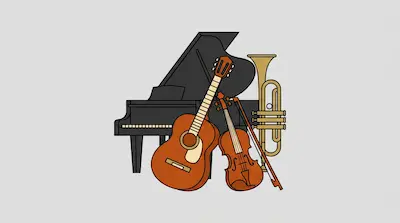 Flat illustration of a black grand piano, an acoustic guitar, a violin, and a gold trumpet on a gray background