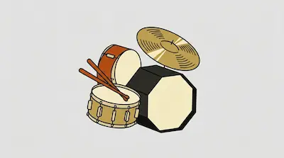 Flat illustration of a drum kit featuring a snare drum, a cymbal, and drumsticks on a plain light gray background