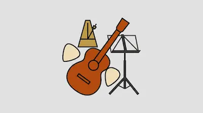Flat illustration of an acoustic guitar, a metronome, and a music stand with guitar picks on a gray background