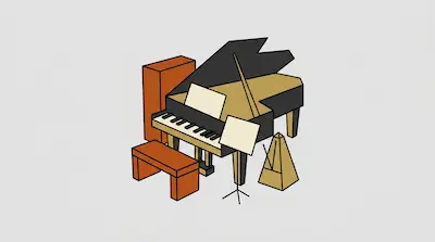 Flat illustration of a grand piano with a bench, a music stand, and a metronome on a light gray background