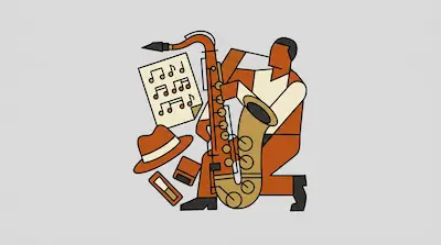 Flat illustration of a man playing a large saxophone next to sheet music and a fedora hat on a gray background