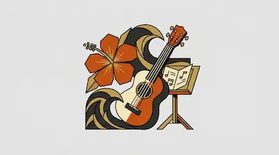 Flat illustration of a ukulele, an orange hibiscus flower, and stylized ocean waves on a light grey background