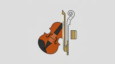 Flat illustration of a brown violin, a vertical bow, and a scroll outline against a plain light gray background