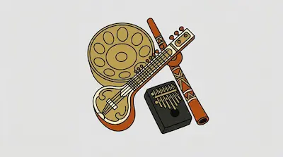 Flat illustration of a sitar, a kalimba, a flute, and a drum arranged together on a plain light grey background