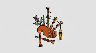 Flat illustration of orange bagpipes with a purple thistle flower and a gold tassel on a light gray background