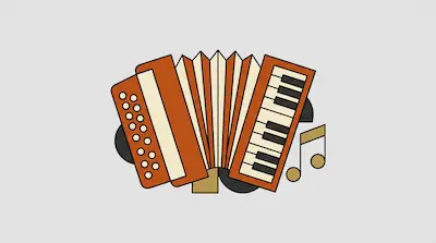 Flat illustration of an orange accordion with white keys and musical notes on a light gray background