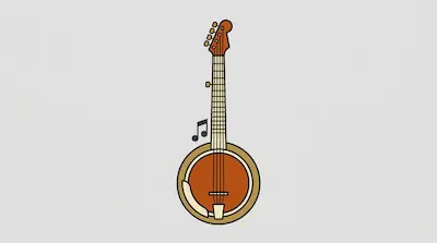 Flat illustration of a brown banjo with a musical note floating beside its neck on a light grey background