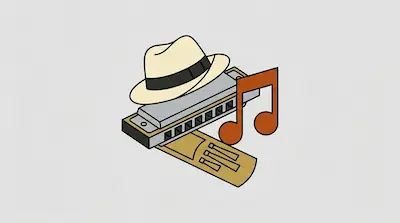 Flat illustration of a white fedora hat resting on a silver harmonica with orange musical notes on a grey background