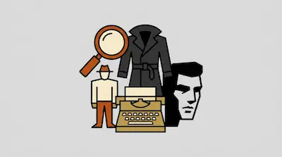 Flat illustration of a detective trench coat, magnifying glass, typewriter, and a man's face on a gray background