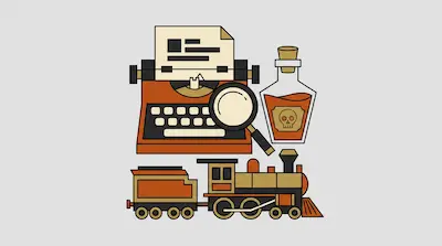 Flat illustration of a vintage typewriter, a magnifying glass, a poison bottle, and a steam train on a gray background