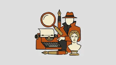 Flat illustration of a detective with a typewriter, a magnifying glass, and a classical bust on a grey background