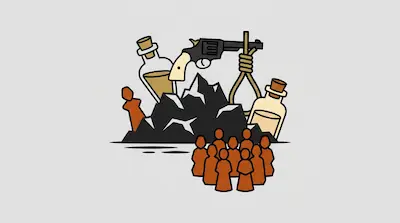 Flat illustration of a revolver, a hangman's noose, and glass bottles behind a crowd of orange human silhouettes.