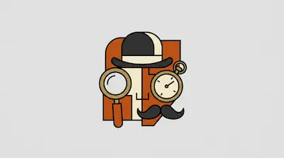 Flat illustration of a stylized face with a bowler hat, a magnifying glass, a pocket watch, and a black mustache.