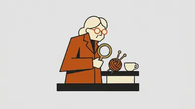 Flat illustration of an elderly woman with a magnifying glass, a ball of yarn, and a coffee cup on a light background