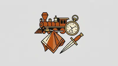 Flat illustration of a vintage steam train, a pocket watch, a dagger, and a handkerchief on a light gray background