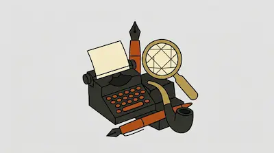Flat illustration of a vintage typewriter, a magnifying glass, and fountain pens in a detective theme on a grey background