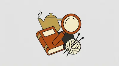 Flat illustration of a steaming teapot, a thick book, a magnifying glass, and a ball of yarn on a gray background