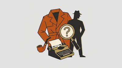 Flat illustration of a detective silhouette, a brown trench coat, a typewriter, and a magnifying glass with a question mark