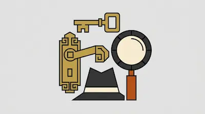Flat illustration of a detective hat, a magnifying glass, a golden key, and a door handle on a gray background
