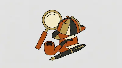 Flat illustration of a detective deerstalker hat, a magnifying glass, a smoking pipe, and a fountain pen on a gray background