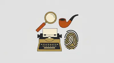 Flat illustration of a typewriter, a magnifying glass, a smoking pipe, and a fingerprint on a light gray background