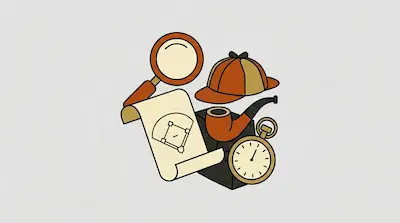Flat illustration of detective items including a magnifying glass, a deerstalker hat, a pipe, and a pocket watch