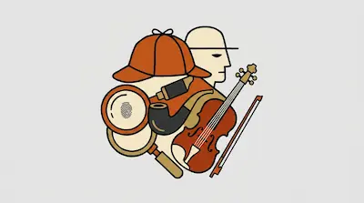 Flat illustration of a detective hat, a violin, and a magnifying glass with a fingerprint on a light grey background