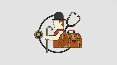 Flat illustration of a man in a bowler hat with a walking cane, a doctor bag, and a stethoscope on a gray background