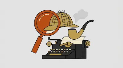Flat illustration of a typewriter, a magnifying glass, a smoking pipe, and a detective hat on a light gray background