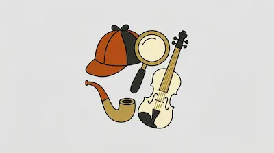 Flat illustration of a deerstalker hat, a magnifying glass, a smoking pipe, and a violin on a light gray background