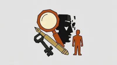 Flat illustration of a black profile face, an orange magnifying glass, a fountain pen, and a key on a grey background