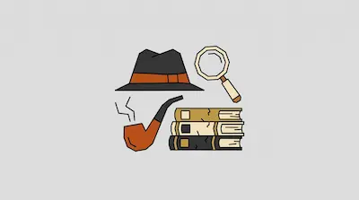Flat illustration of a detective hat, magnifying glass, smoking pipe, and a stack of books on a gray background