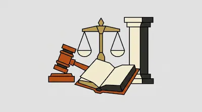 Flat illustration of a wooden gavel, an open law book, a scale of justice, and a stone pillar on a gray background.