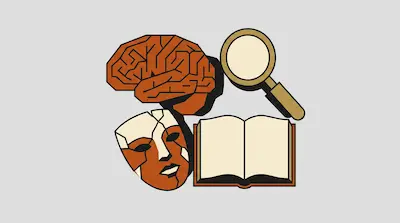 Flat illustration of a human brain, a magnifying glass, an open book, and a cracked mask on a light gray background