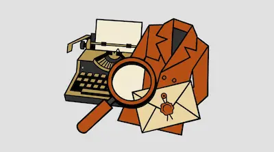 Flat illustration of a vintage typewriter, a brown trench coat, a magnifying glass, and a sealed envelope