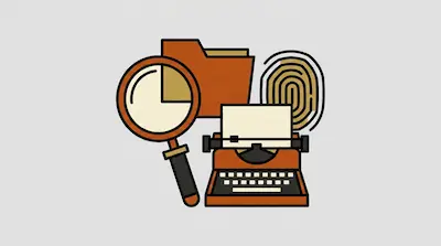 Flat illustration of a typewriter, a magnifying glass, a folder, and a fingerprint icon on a light gray background