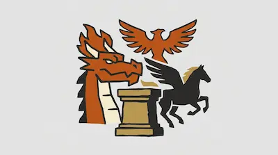 Flat illustration of a dragon head, a soaring phoenix, and a winged pegasus around a stone pedestal on a gray background